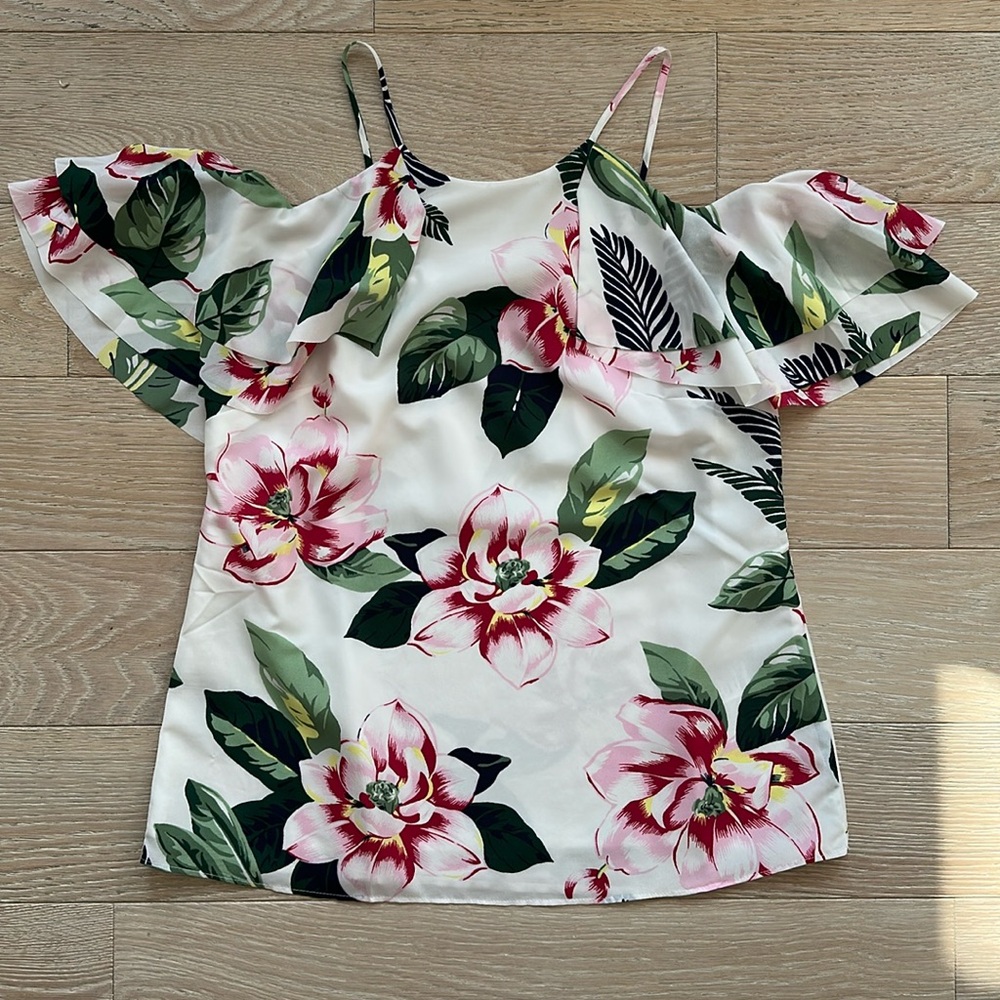 Banana Republic Floral Hibiscus Off the Shoulder Drape Sleeve Thin Strap Top XS